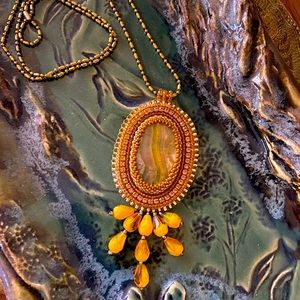 Hand beaded cabachon on ball and chain